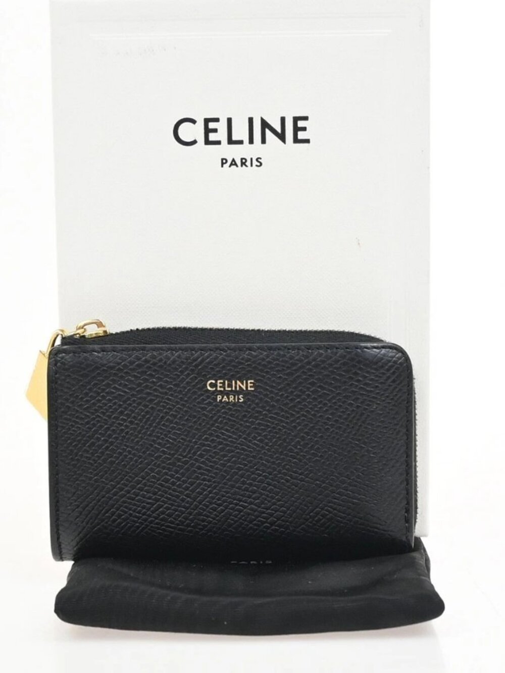 CELINE Logo Mini Zipper Compact Coincase Leather Black Gold Italy 64TA602